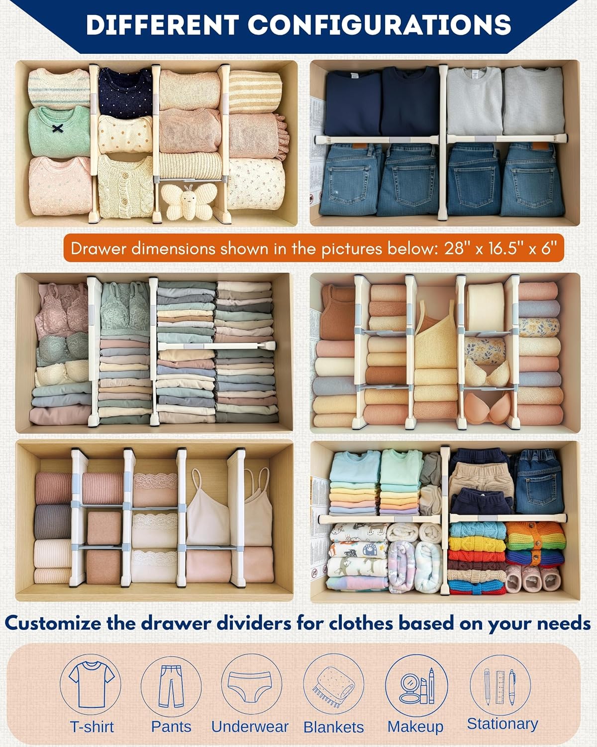 4 Pack Drawer Dividers for Clothes with Insert Slots 4" High, 13-20.4" and 4 Adjustable Hooks, Expandable Dresser Drawer Dividers and Organizer for Closet, Kitchen, Bathroom, Office