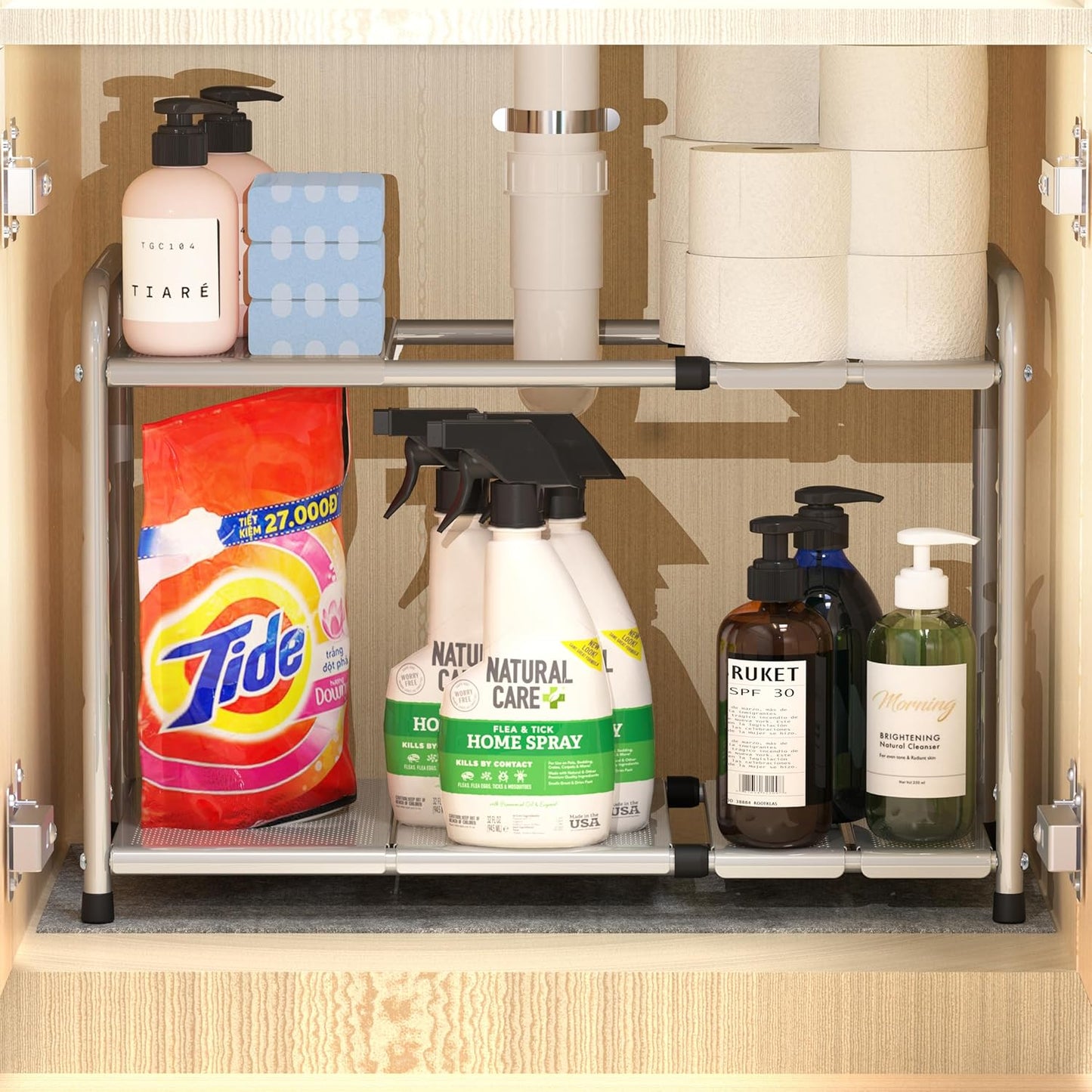 Simple Houseware Under Sink 2 Tier Expandable Heavy Duty Metal Shelf Organizer Rack, Silver (Expand from 15 to 25 inches)