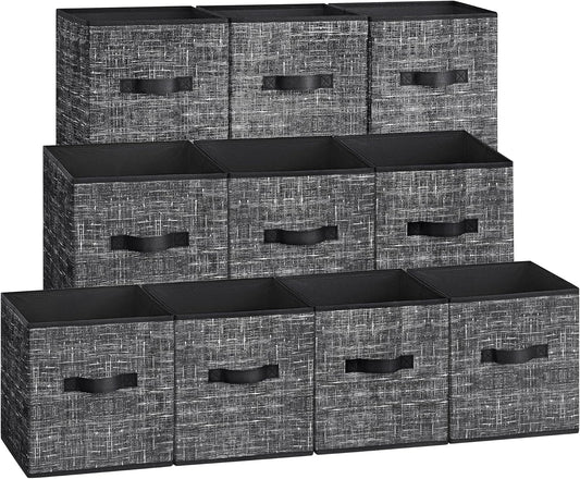 SONGMICS Storage Cubes, 10.2 x 10.2 x 11 Inches Non-Woven Fabric Bins with Double Handles, Set of 10, Closet Organizers for Shelves, Foldable, for Clothes, Ink Black UROB126B01