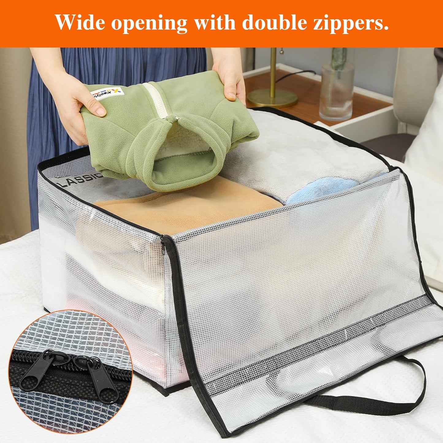 Vieshful 3 Pack 60L Clear Clothes Storage Bags with Zipper and Handles, Large Plastic Organizers for Comforter Clothes Bedding Blankets Duvets Pillow Toys & Moving