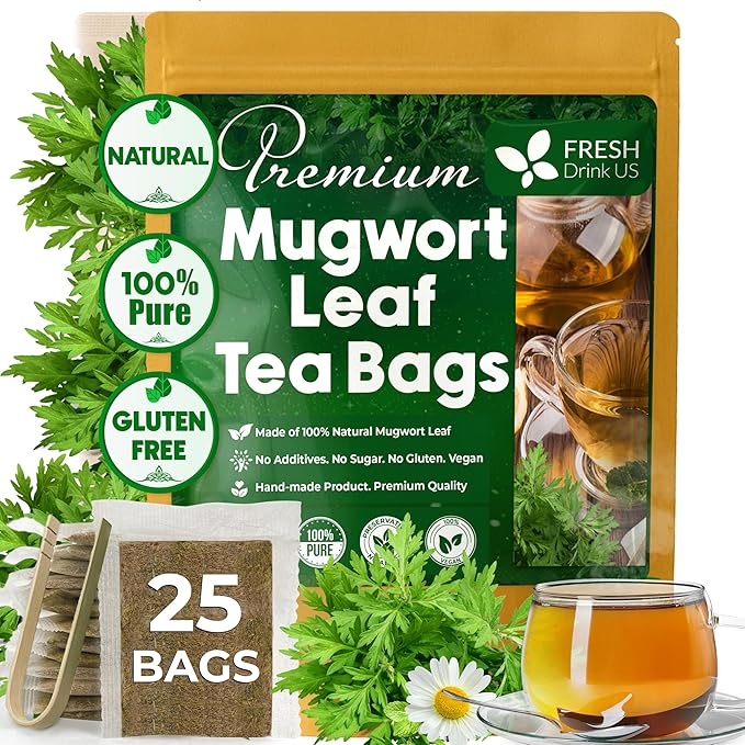 FreshDrinkUS, Premium 25 Mugwort Leaf Tea Bags, 100% Natural and Pure Mugwort Leaves. Loose Leaf Herbal Tea. No Sugar, No Caffeine, No Gluten, Vegan. (25 Tea Bags)