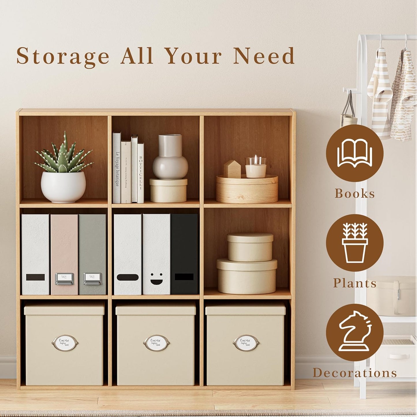 Wooden Storage Organizer with Closed Back Panel, 11in Cube Shelf Opening, Bookshelf, Display Shelf,Closet Cabinet for Home and Office (Natural Oak, 9-Cube 35.98L*9.45W*35.91H)