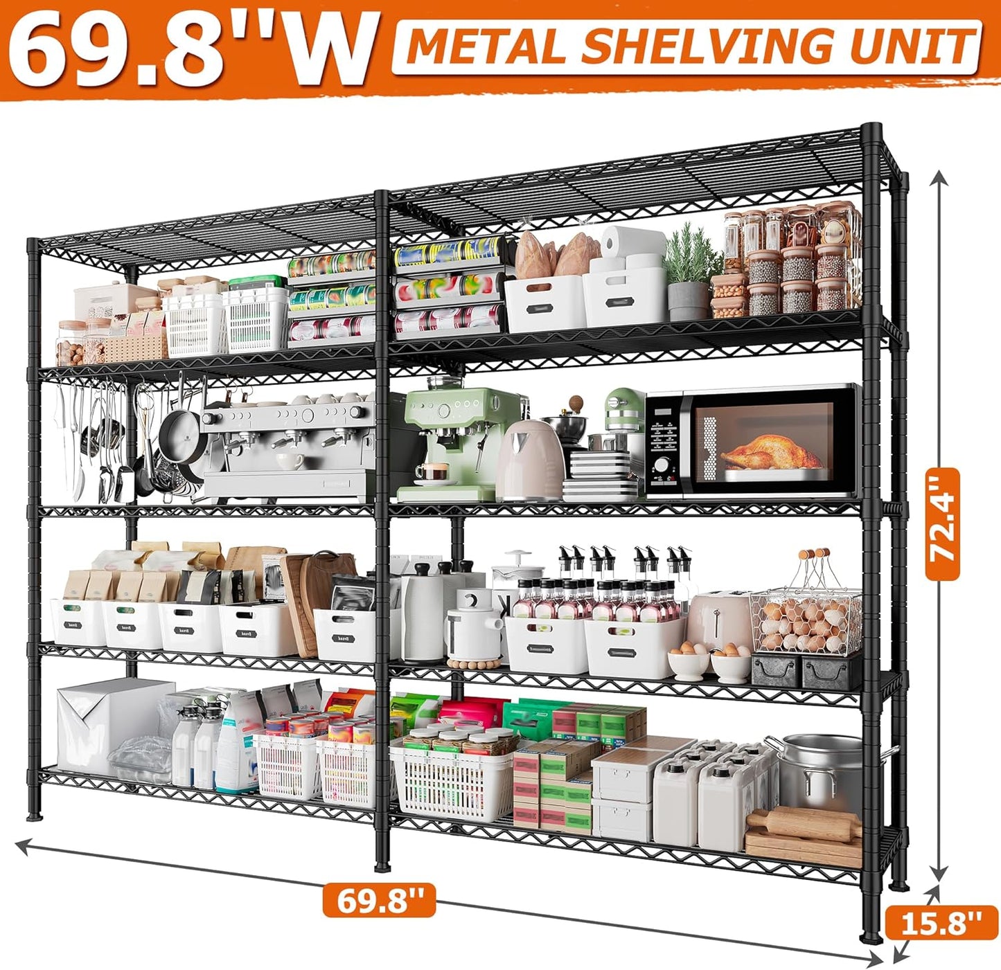 REIBII 1600LBS Storage Shelves 69.8''W Metal Shelving 5 Tier Wire Shelving Unit,Pantry Shelves Kitchen Shelves Adjustable Wire Commercial Shelf for Garage Storage Shelves, 69.8" Wx15.8 Dx72.4 H, Black