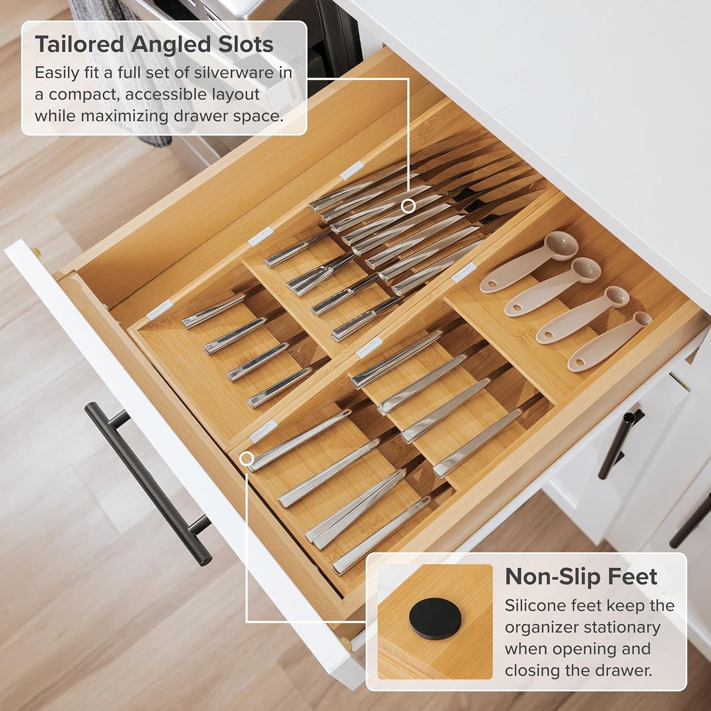 KitchenEdge Premium Cutlery, Flatware, and Silverware Drawer Organizer – Slanted 3-Compartment Design with Labeled Slots, Non-Slip Feet, 100% Sustainable Bamboo, 2 Pack