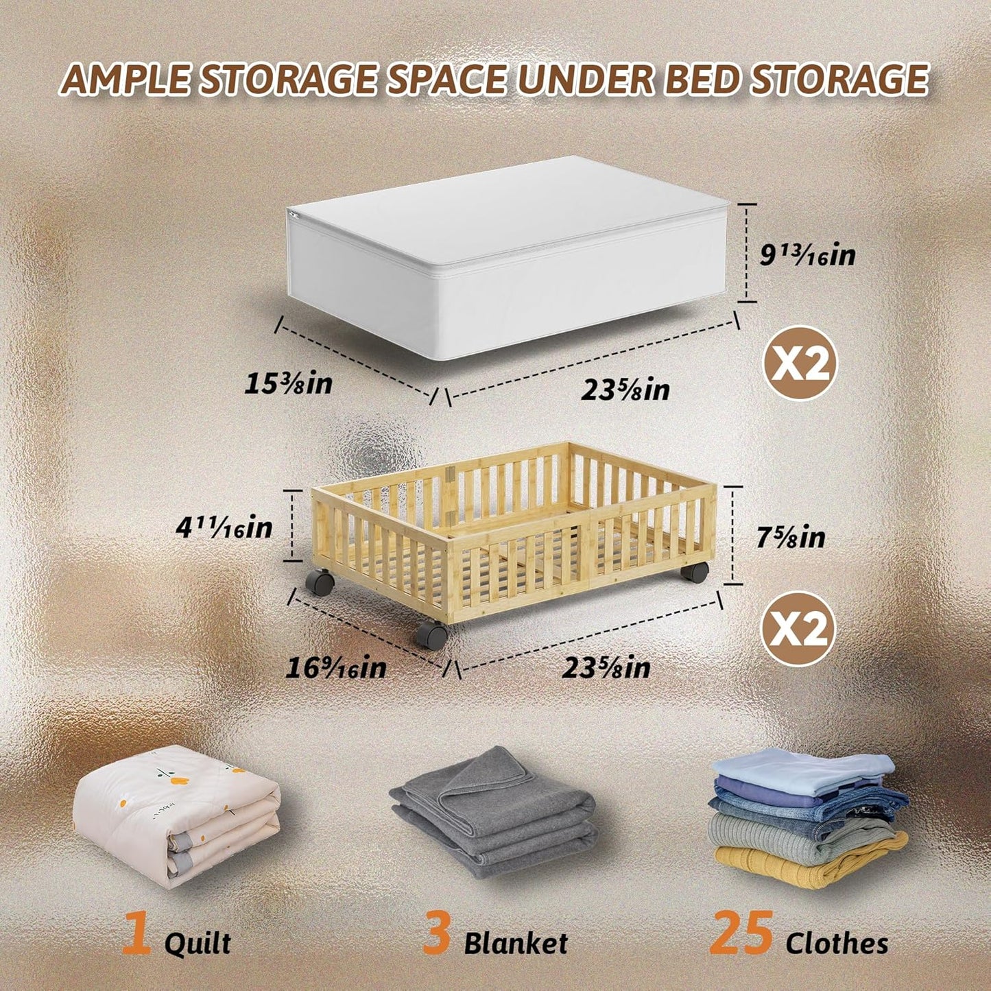 Bamboo Under Bed Storage Containers with Wheels, 2 Pack Under the Bed Shoe Storage Bins, Wood Rolling Underbed Drawers with Bag Organizer for Bedroom, Sheets Clothes Blanket Comforter, Under Crib Toy