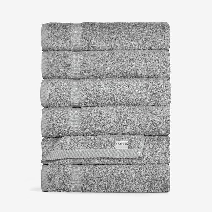 SALBAKOS 100% Turkish Cotton Hand Towel Set of 6 16x30 inch | Heirloom Quality | Hotel & Spa Collection | Soft, Super Absorbent, Long Lasting Hand Towels | Made in Turkey (Silver, 6 Hand Towels)
