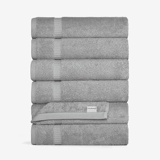SALBAKOS 100% Turkish Cotton Hand Towel Set of 6 16x30 inch | Heirloom Quality | Hotel & Spa Collection | Soft, Super Absorbent, Long Lasting Hand Towels | Made in Turkey (Silver, 6 Hand Towels)