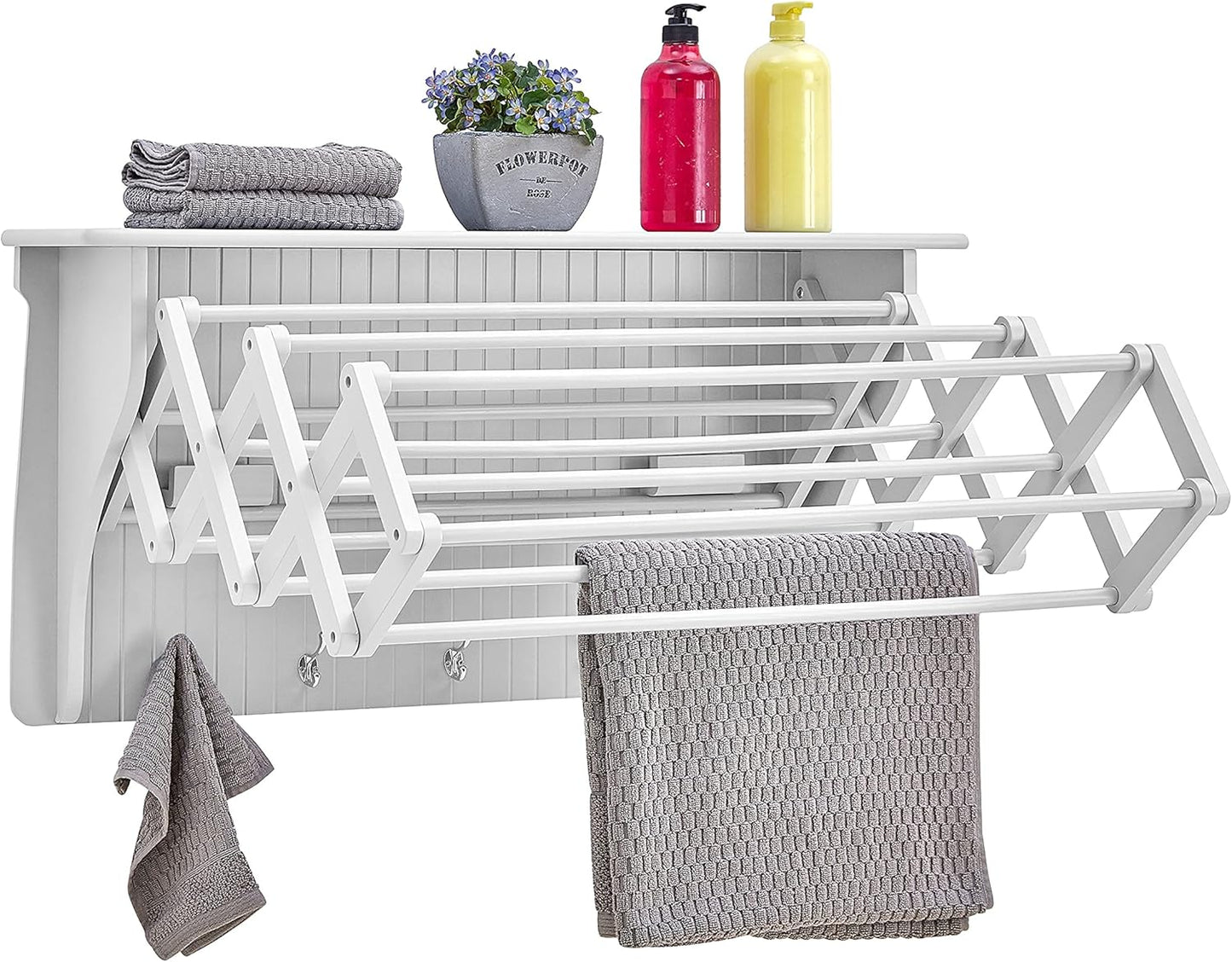 Danya B Accordion Clothes Drying Rack, Retractable, Wall Mounted Towel Rack and Hooks for Clothes and Towels for use in Laundry Room or Garage (White)