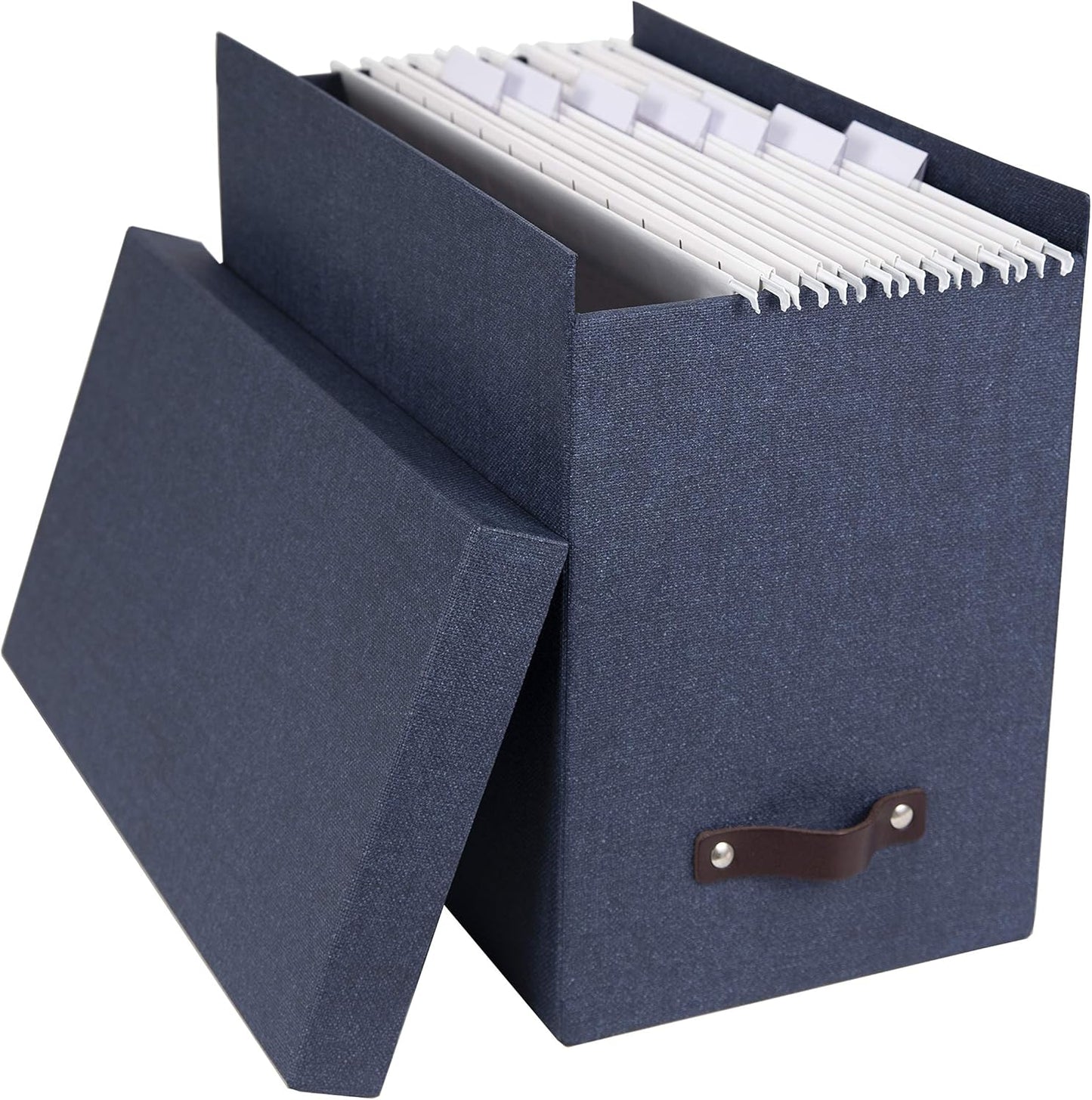 Bigso John Desktop File Box | File Storage Box and Document Organizer for Important Paperwork | Durable Hanging File Box with a Lid and Leather Handle | 7.4’’ x 13’’ x 10.4’’ | Blue