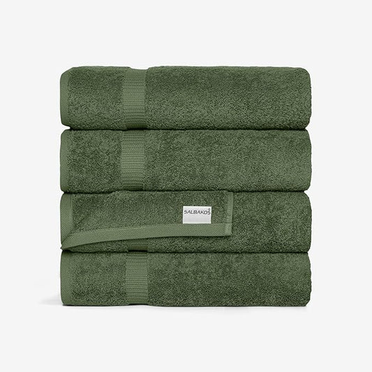 SALBAKOS 100% Turkish Cotton Bath Towel Set of 4 27x54 inch | Heirloom Quality | Hotel & Spa Collection | Ultra Soft, Super Absorbent, Long Lasting Bath Towels | Made in Turkey (Green, 4 Bath Towels)