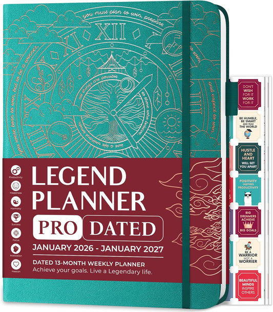 Legend Planner PRO Dated Jan 2026-Jan 2027 – Deluxe Weekly & Daily Organizer with Time Slots. Appointment Book Journal for Work & Time Management, A4 Hardcover (Viridian Green)