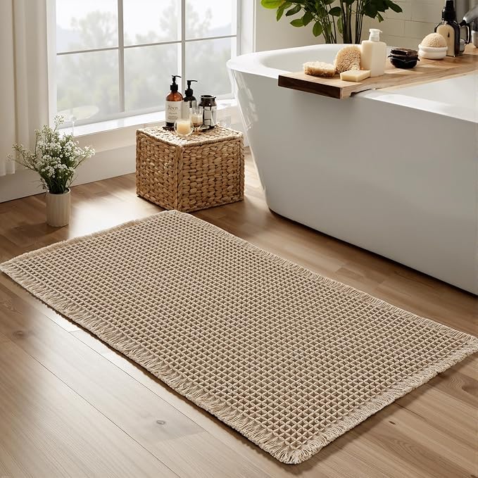 KGORGE Waffle Bath Mat for Bathroom Tub, Black Boho Non Slip Dry Fast Ultra Soft Bathroom Runner Rug, Rubber Backed Super Absorbent for Kitchen Floor Bathtubs Shower, Brown, 17" W X 24" L 1pc