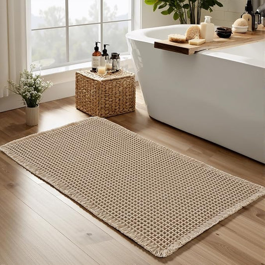KGORGE Waffle Bath Mat for Bathroom Tub, Black Boho Non Slip Dry Fast Ultra Soft Bathroom Runner Rug, Rubber Backed Super Absorbent for Kitchen Floor Bathtubs Shower, Brown, 17" W X 24" L 1pc