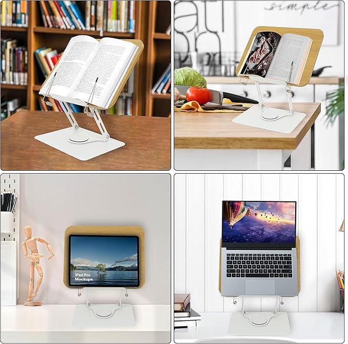 MNKXL Book Stand for Reading,360°Rotating Base Book Holder for Reading Hands Free,Cookbook Stand,Wooden Panel Aluminium Base Stand for Cookbook,Laptop,Textbook