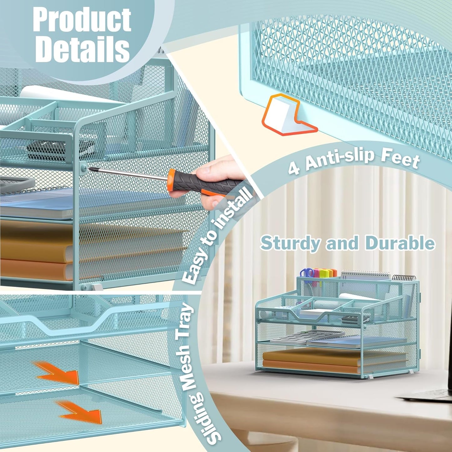 Docnest 3 Tier Mesh Desk Organizer for Paper Office Supplies – Multi-Functional Letter Tray with 5 Adjustable Compartments, 3 Pen Holders, Desktop Storage for Files, Mail, Stationery – Blue