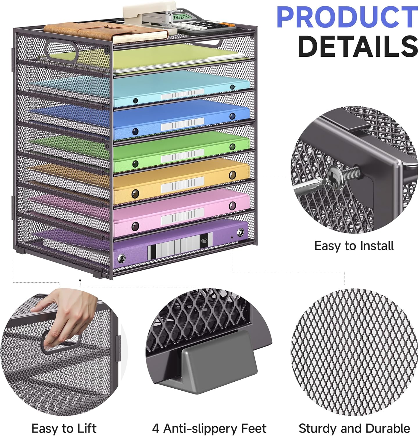 8-Tier Paper Organizer with Handle, Metal Mesh Desk Organizer File Folder Paper Letter Tray Desktop Document Sorter for Office, Home or School (Grey-2 Pcs)