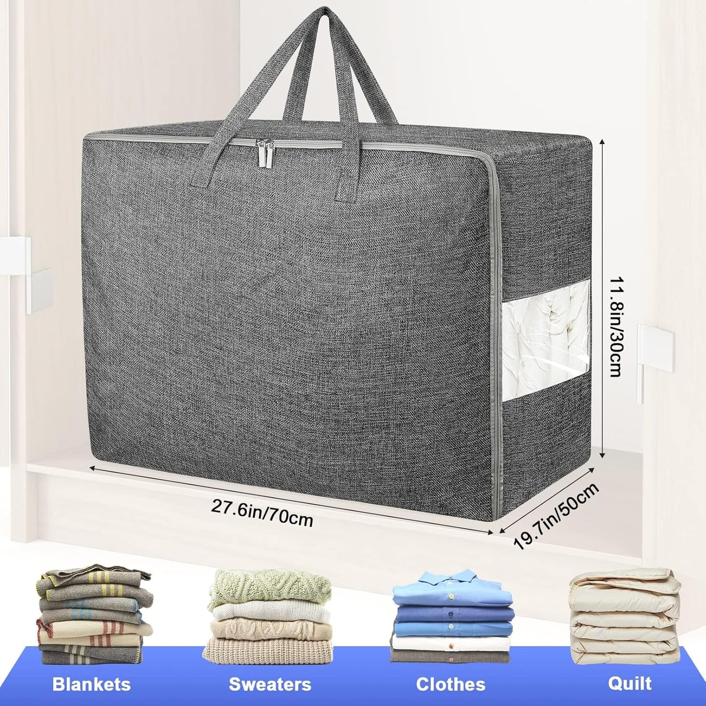 3Pack 105L Extra Large Storage Bags, Folding Comforter Blanket Storage Bags Closet Organizers and Storage Containers for Clothes with Strong Handles&Zippers Clear Window for Bedding Pillow Black