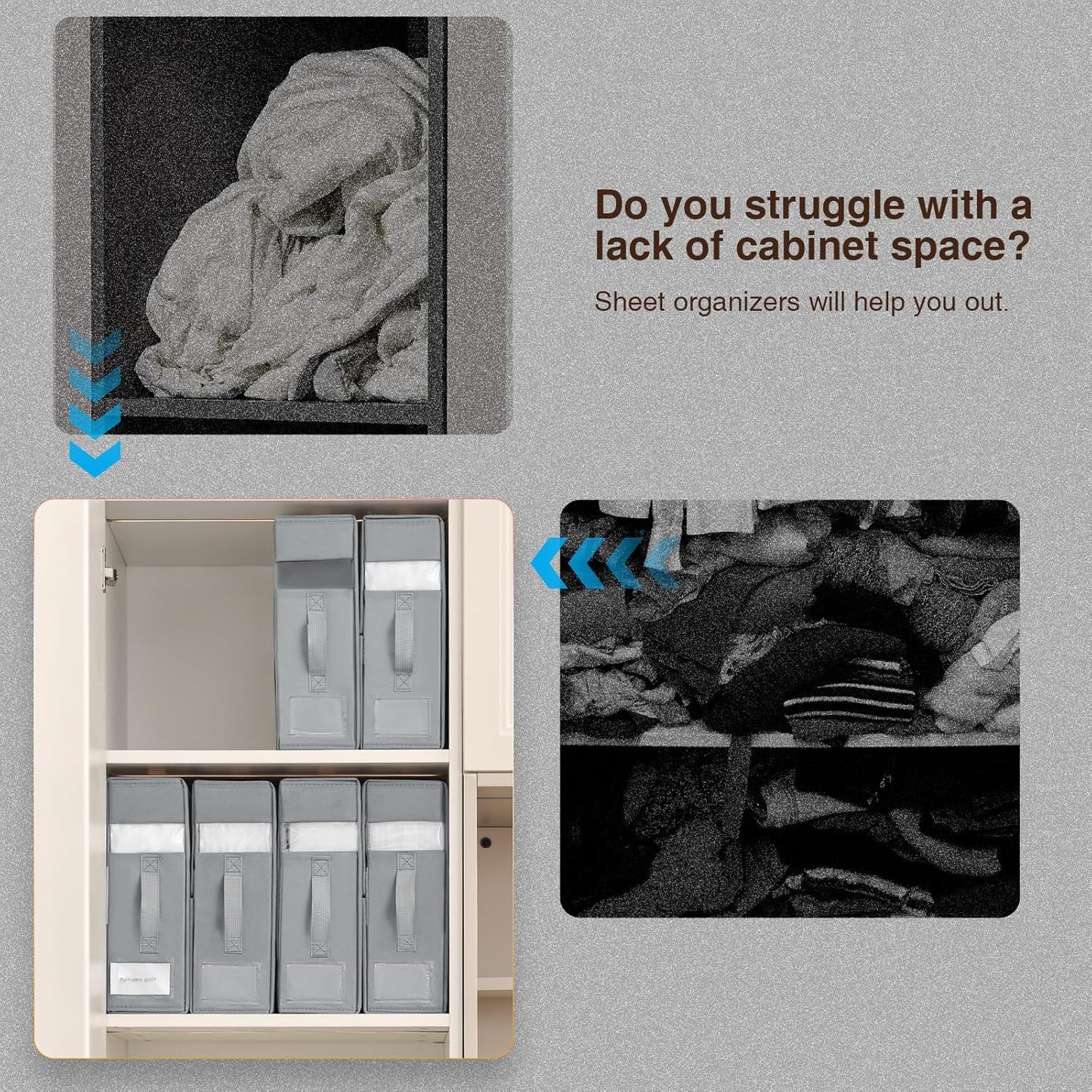 DIMJ Bed Sheet Organizers and Storage 6 Pack - Foldable Sheet Holder for Linen Bedding Storage Box for organization, Sheets Set Holder for Blanke, Towel (King & Queen Size), Grey