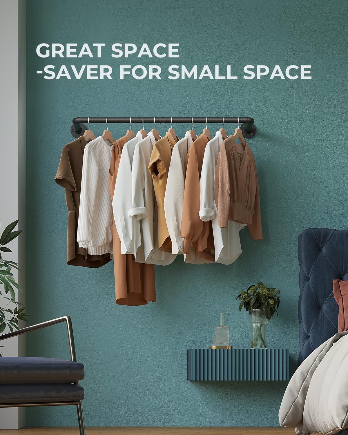 OROPY Industrial Pipe Clothing Rack 38.4", Heavy Duty Detachable Wall Mounted Clothes Rack Black Iron Garment Bar, Multi-purpose Hanging Rod for Closet Storage, Black (Two Base)