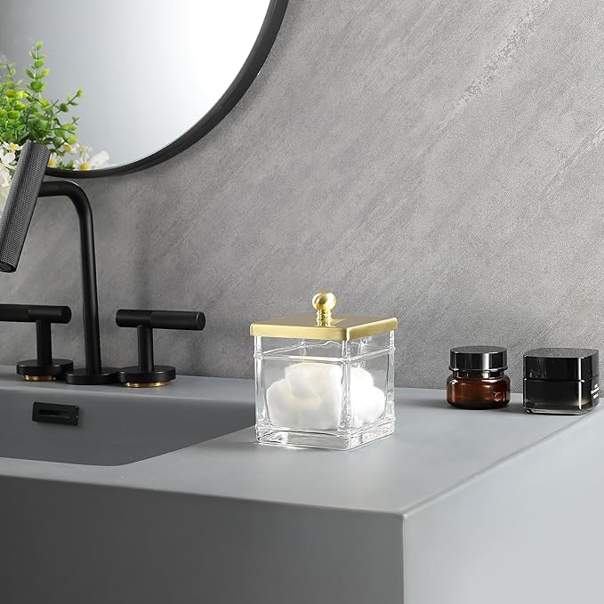 Clear Transparent Hotel Style Apothecary Tempered Glass Canister Jar W/ Gold Metal Lid Cover, Classic Countertop Organizer for Cotton balls/pads, Floss Picks, Makeup Storage