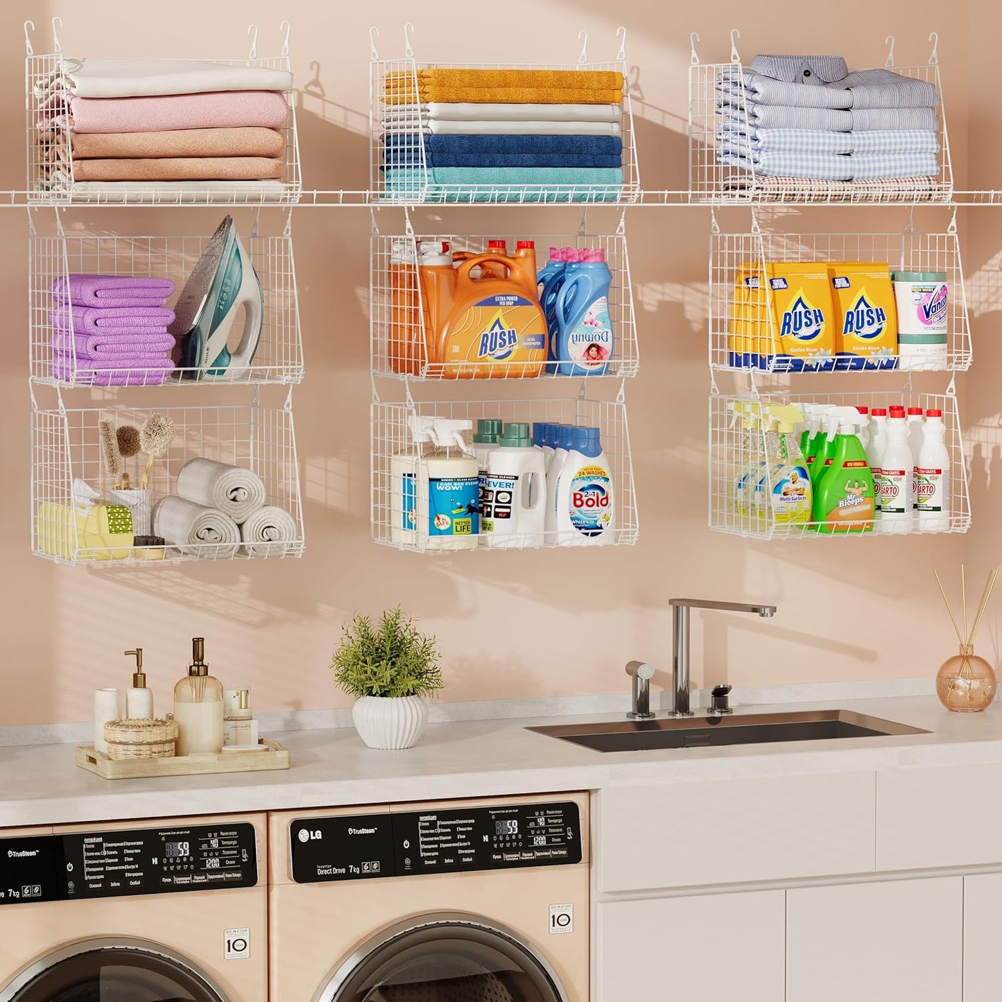 3-Pack Large Hanging Laundry Basket: Wire shelves for Laundry Room Organization with 360°Rotating Hooks Foldable Space Saving Over Washer and Dryer Shelves -Metal Laundry Basket Holder, White Patent