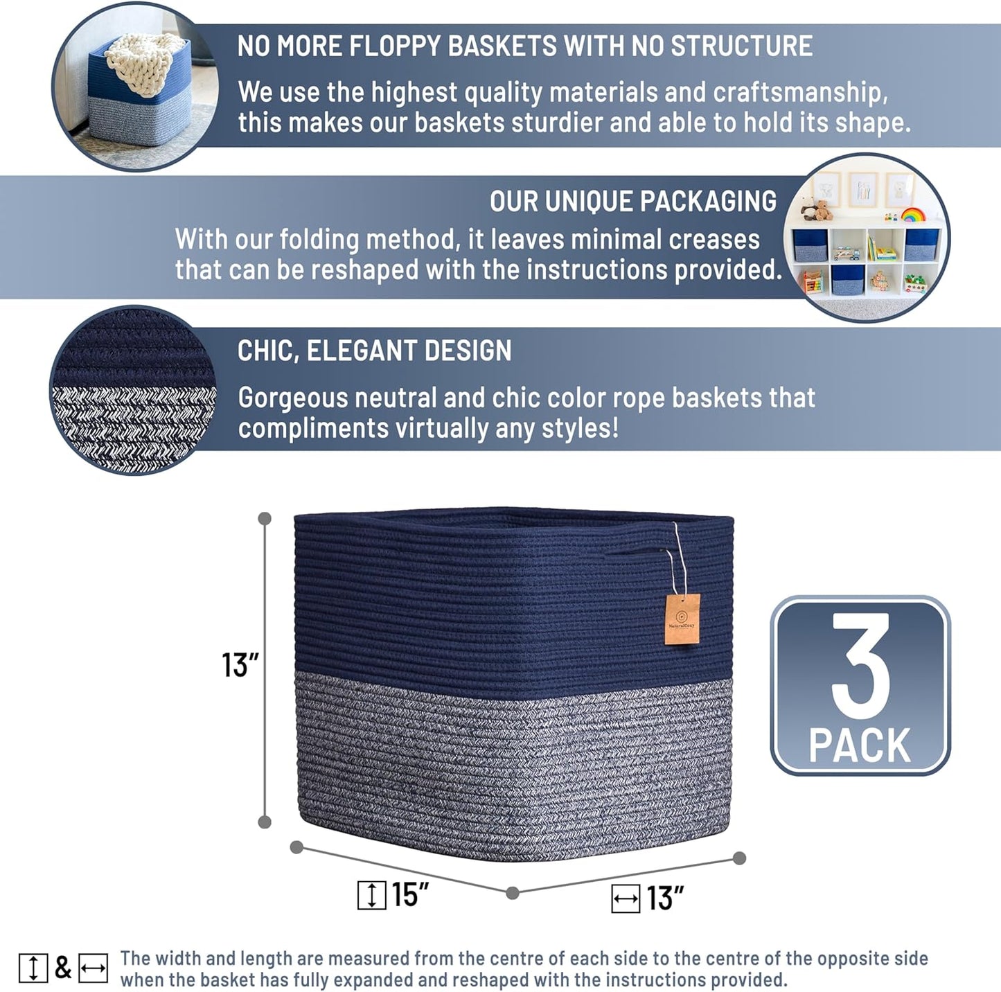 NaturalCozy 13x15x13 Kallax Storage Cubes Bins, 3 Pack | Cotton Rope Cube Storage Bin Woven Baskets for Organizing | Kallax Insert Storage Baskets for Shelves Organizer, Kids Toy, Closet Baby Nursery