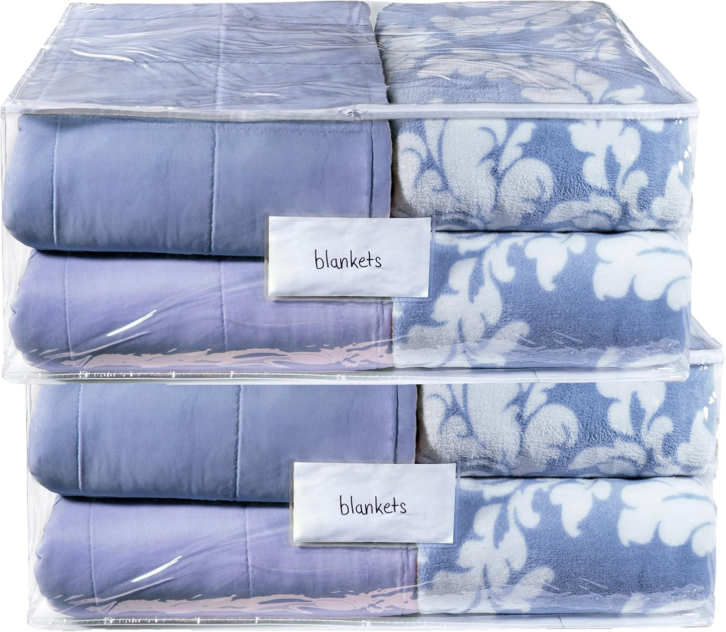Masirs Clear Blanket Storage Bag (2-Pack) - Vinyl Clothing Organizers with Zipper & Label Pocket - Protects from Dust, Moisture & Dirt - Ideal for Underbed Storage Sheets, Comforters & Bedding