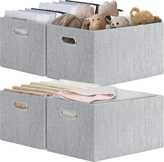 Posprica Closet Organizers and Storage, 4 Pack Large Linen Storage Bins, Decorative Shelf Storage Baskets for Organizing, Foldable Fabric Storage Box for Clothes, Toy, 15x10.5x8.25 Inch(Grey)
