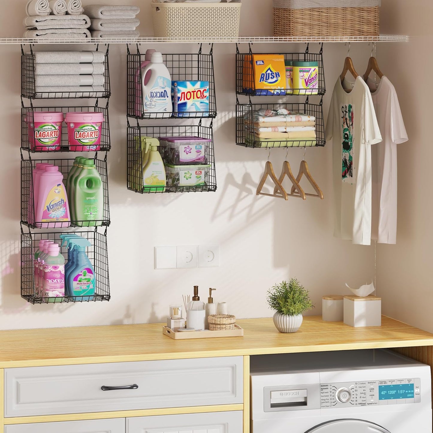 4-Pack Hanging Laundry Room Organizer：Foldable Laundry Room Organizaton Wire Basket with 360°Rotating Hooks Space Saving Over Washer and Dryer Shelves - Metal Laundry Basket Storage, Black Patent