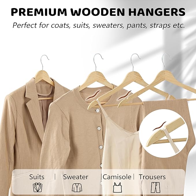 Wooden Hangers 30 Pack, Durable Wood Hangers with 360° Swivel Hook & Notches, Slim Coat Hanger Wooden for Closet, Smooth Wood Clothes Hanger with Pant Bar, Natural