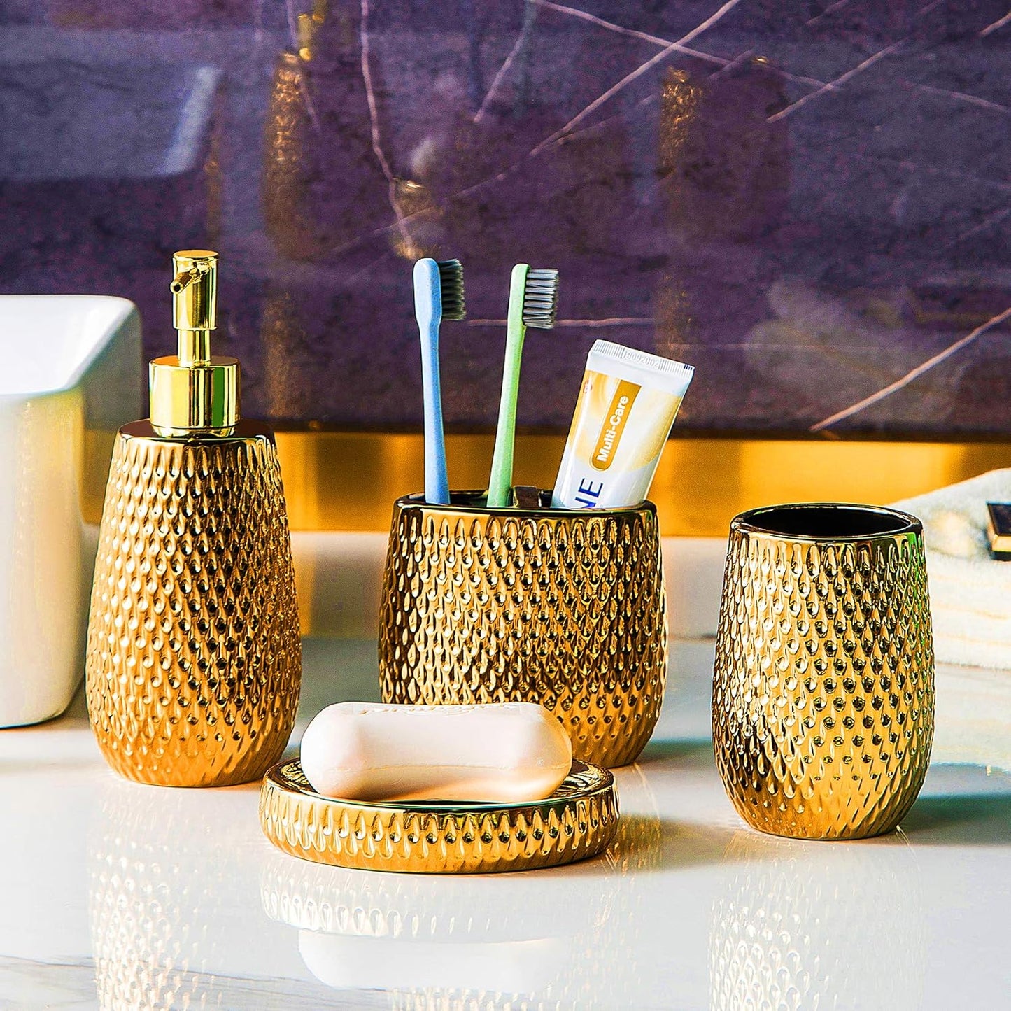 Gold Bathroom Accessory Set 4 Piece Ceramic Bath Accessories Sets Complete, Rain- Drop Shaped Bathroom Essential with Toothbrush Holder & Dish, Tumbler, Soap Dispenser Set for Bath Decor