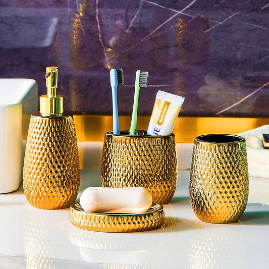 Gold Bathroom Accessory Set 4 Piece Ceramic Bath Accessories Sets Complete, Rain- Drop Shaped Bathroom Essential with Toothbrush Holder & Dish, Tumbler, Soap Dispenser Set for Bath Decor