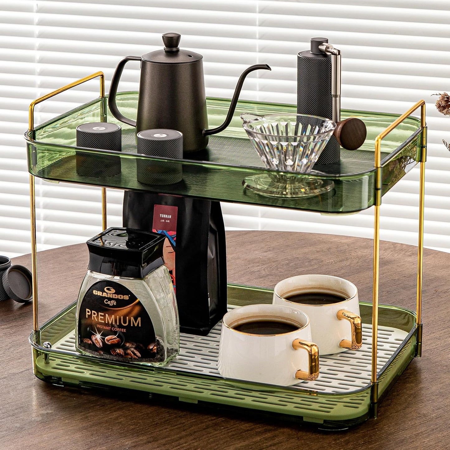 Coffee Bar Accessories, Station Organizers,Large Capacity Storage with Drain Board,Whisky Tray,Mug Tea Cup Holder Coffee Bar Organizer,Retro Green
