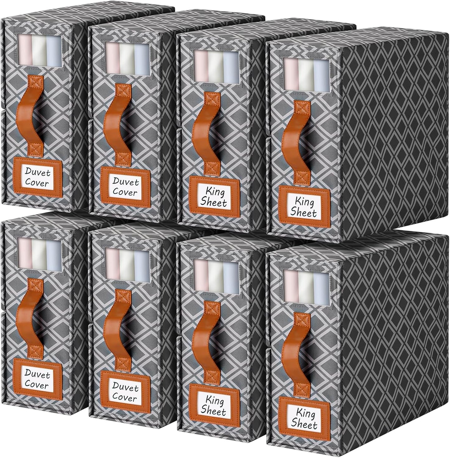 8 Pack Bed Sheet Organizers and Storage, (King & Queen Size) Sheet Organizer for Linen Closet, Foldable Bedding Storage Box with Window for Bedsheets, Duvet Cover and Pillowcase (Dark Grey 8 Pack)