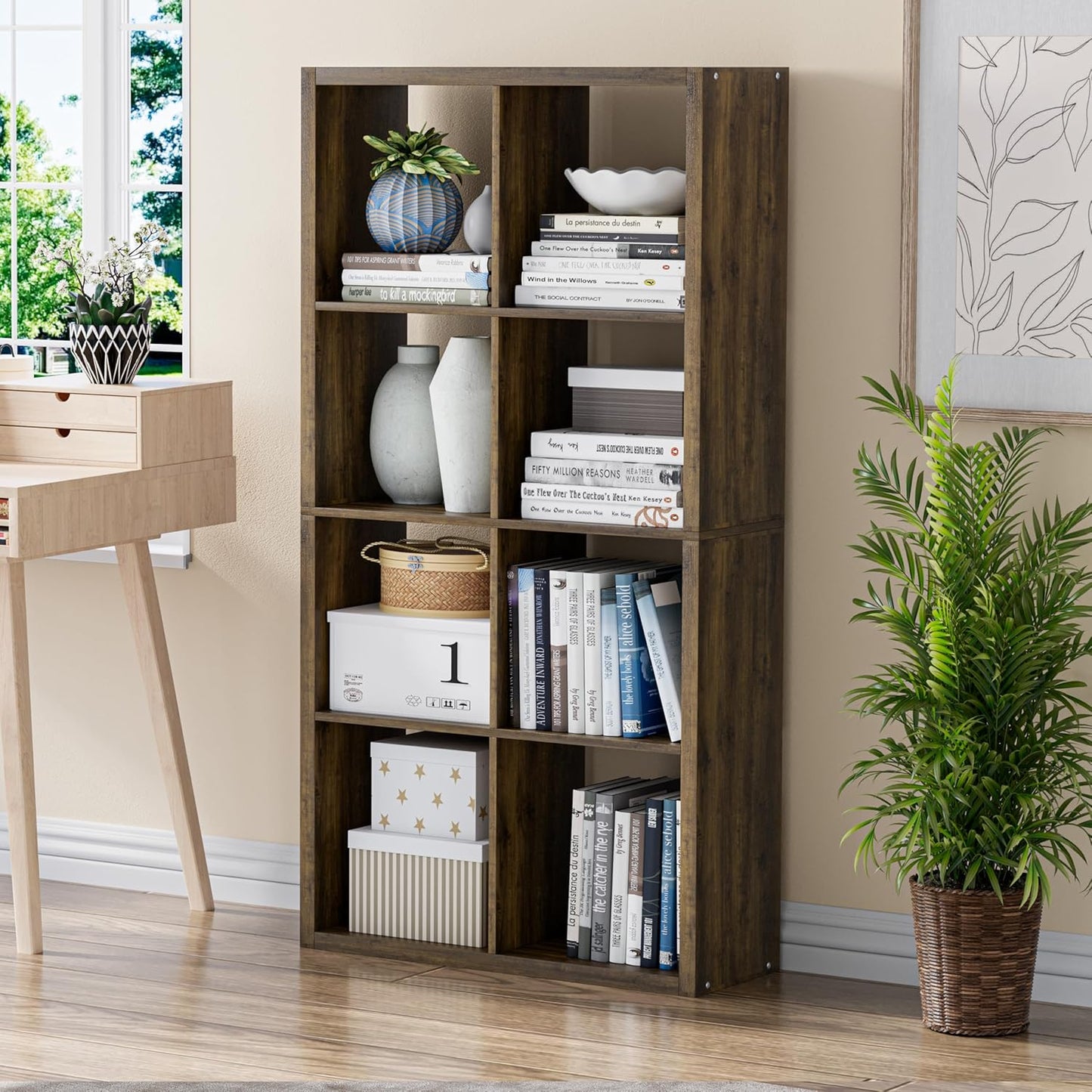 Cube Storage Organizer Bookcase, Decorative 11 inch Open Back Cubical Shelf with Thickened Border, Display Bookshelf for Living Room, Home Office, Sturdy Room (Brown, 8 Cube)