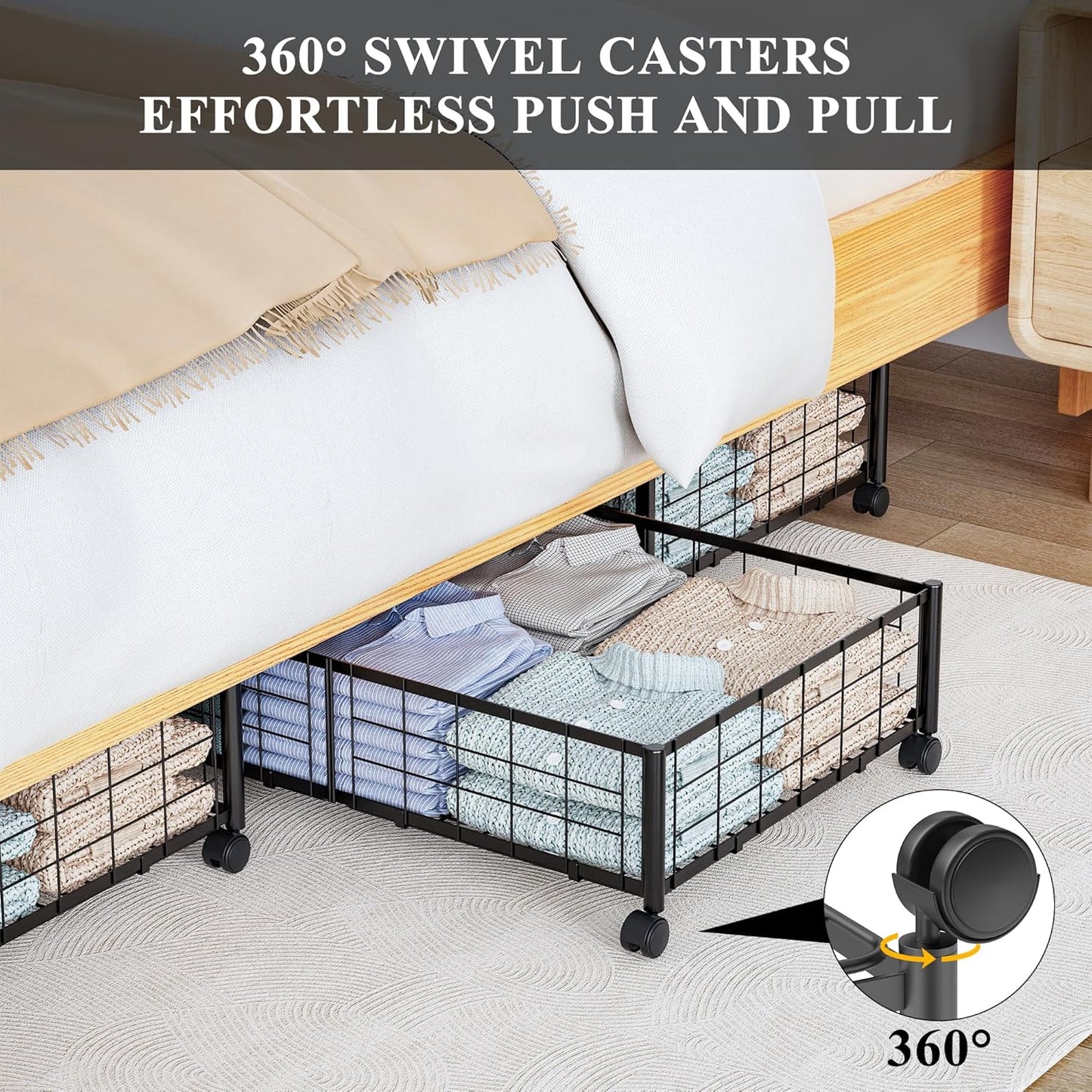 Under Bed Storage with Wheels, 360° Rotating, No-Assembly Underbed Storage Containers, 2PACK