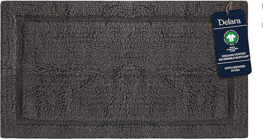 Delara Organic Cotton Reversible Bath Mat – 3000 GSM, GOTS Certified, Ultra-Thick & Super Absorbent | Soft, Plush & Quick-Drying Bathroom Rug (Dark Grey, 24x44)