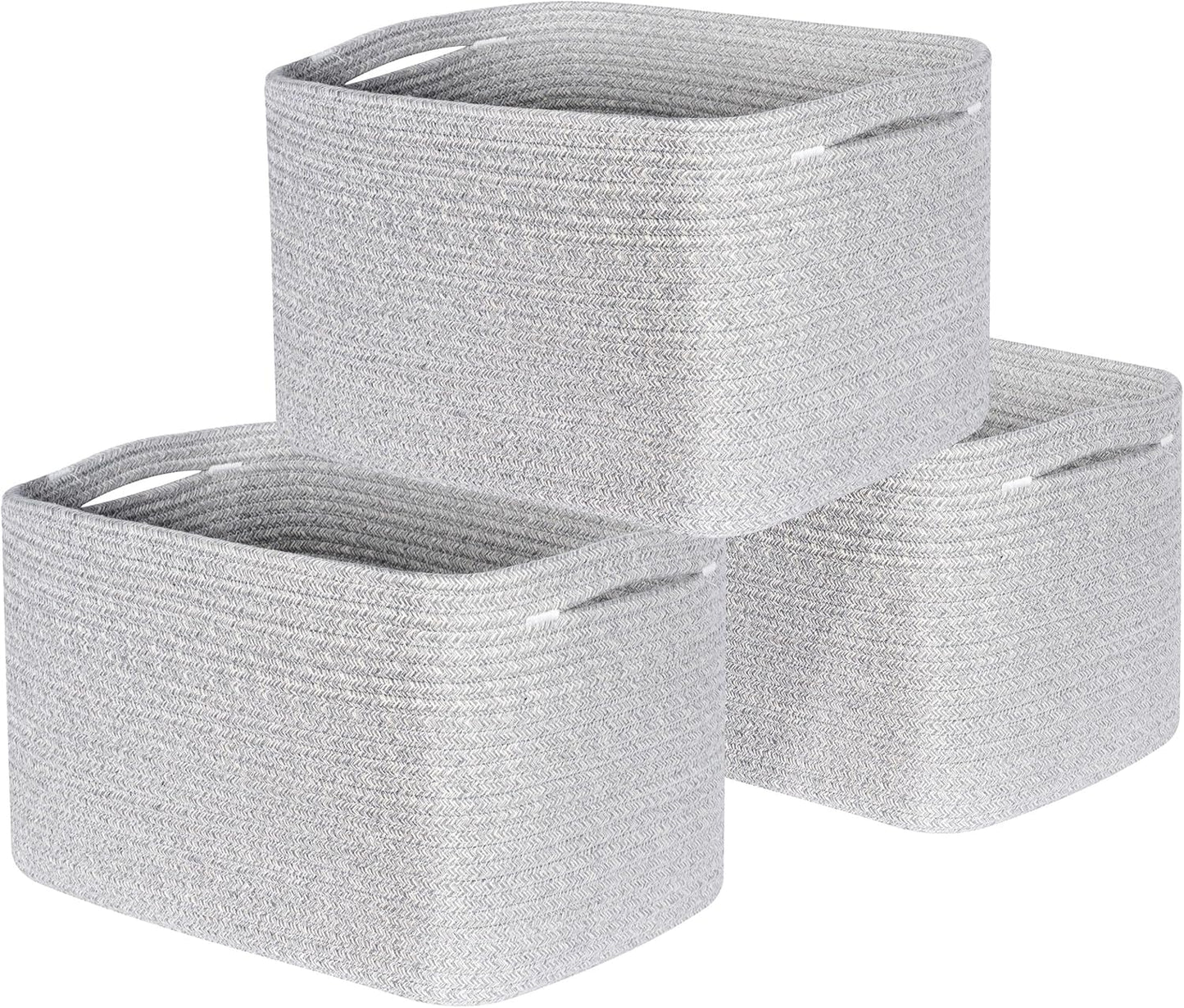 MINTWOOD Design 3-Pack Decorative Woven Storage Baskets for Shelves, Cube Bin Box for Organizing Books, Shoes, Dog Toys, Pantry Closet and Living Room Organizer, Light Gray Mix