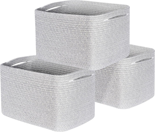 MINTWOOD Design 3-Pack Decorative Woven Storage Baskets for Shelves, Cube Bin Box for Organizing Books, Shoes, Dog Toys, Pantry Closet and Living Room Organizer, Light Gray Mix