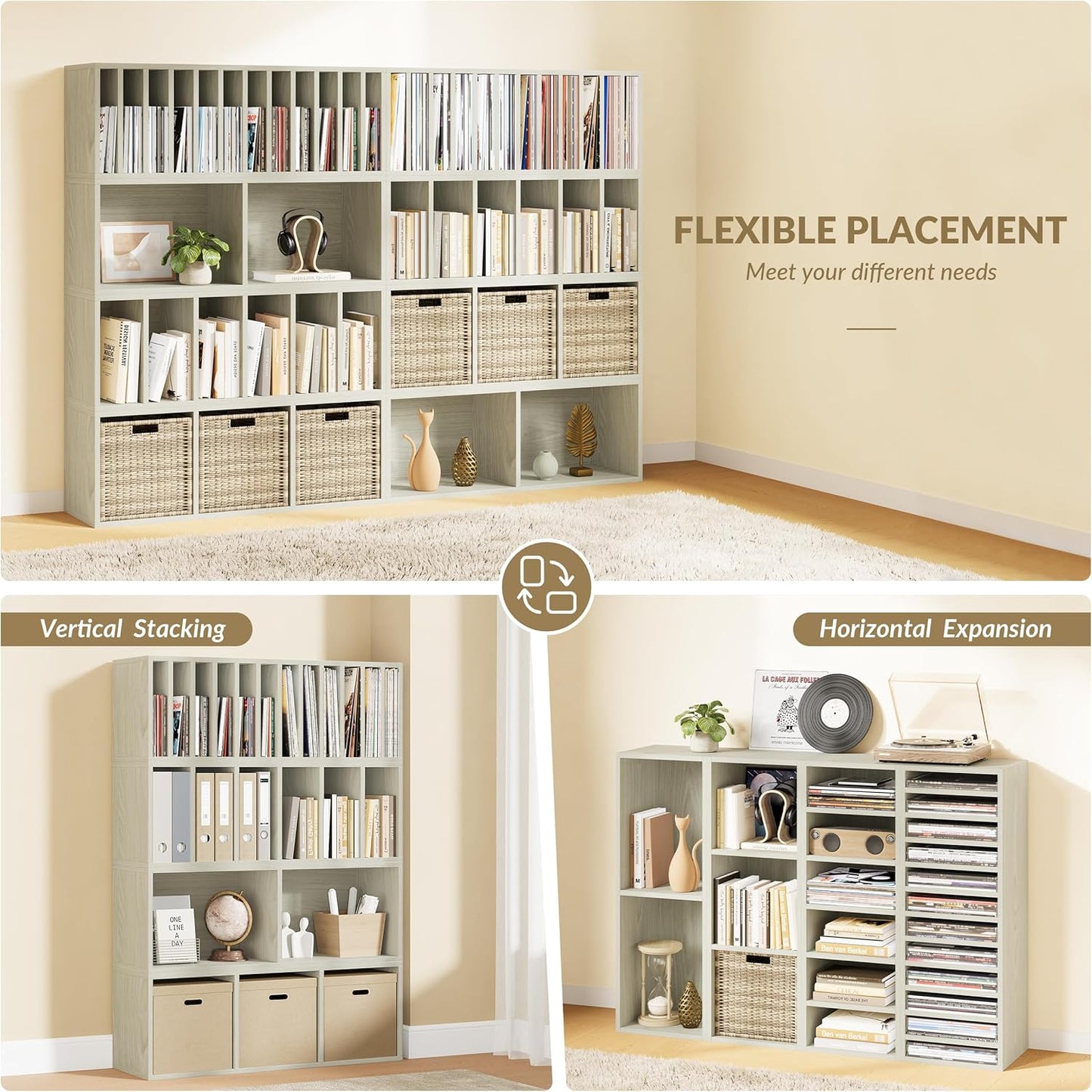 IOTXY DIY Modular Cube Bookcase - CubeXY Customizable Stackable Expandable Combination Set, 23-Cube Open Bookshelf for Books, Fabric Storage Bin, and Vinyl Record Organizer, Oak