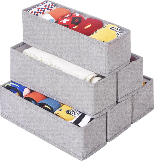 MURRI&MURRDI Mini Foldable Clothes Drawer Organizer 6 Pcs, Narrow Fabric Drawer Organizer for Nursery, Small Dresser Storage Bins for Clothing Sock Underwear Bra Belt Tie Scarves, Gray