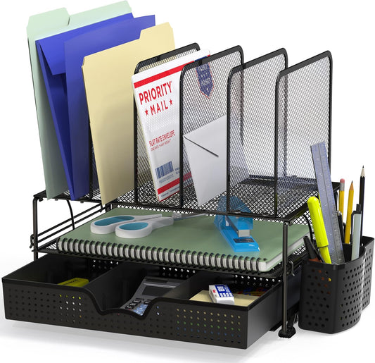SIMPLE HOUSEWARE Mesh Desk Organizer with Sliding Drawer, Double Tray and 5 Upright Sections, Black