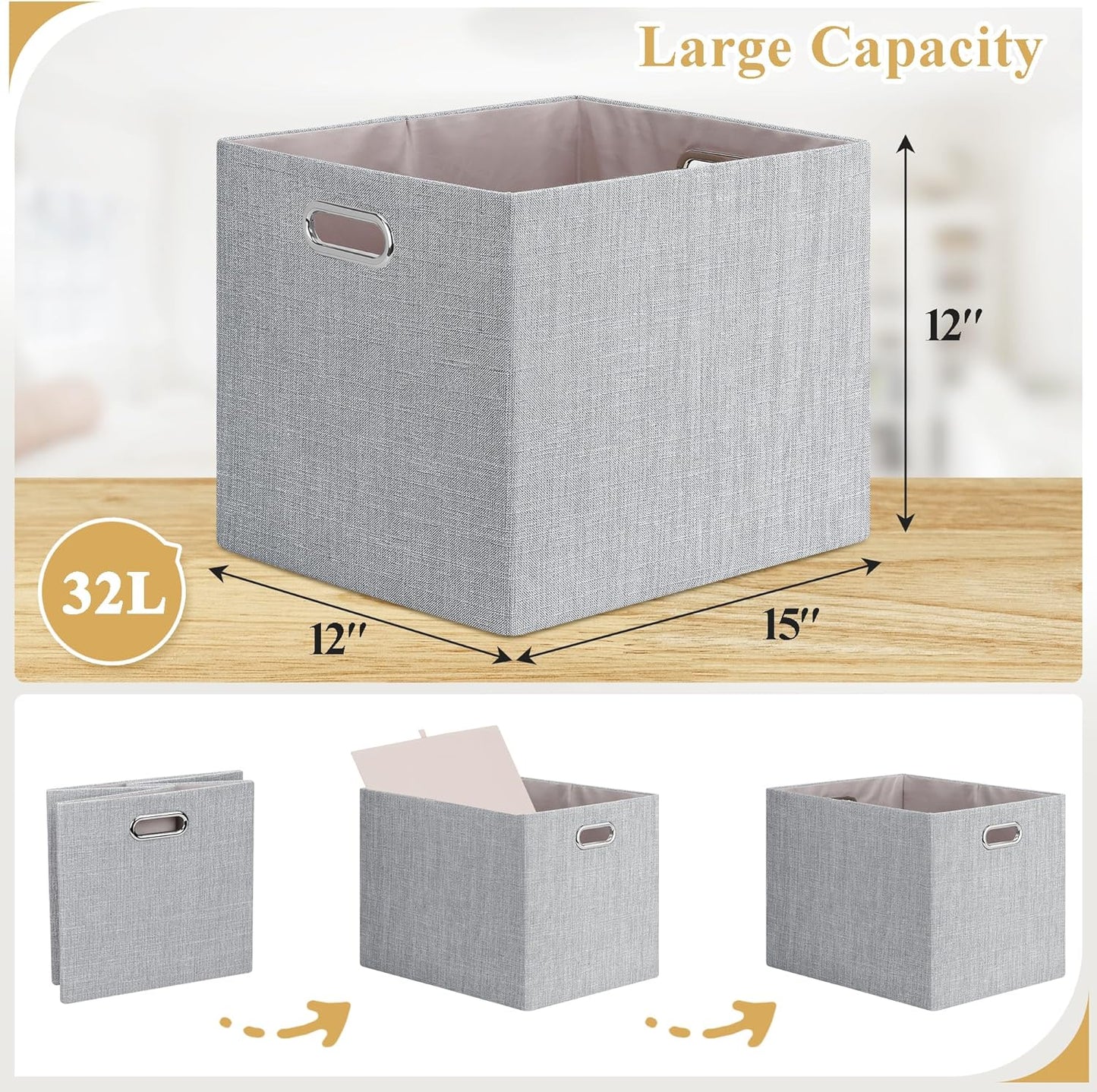 Posprica 15.12"x12.13"x12.01" Storage Cube Bins, Linen Decorative Closet Storage Organizer for IKEA Kallax, 4 Pack Fabric Foldable Large Storage Baskets for Closet, Shelves, Clothes, Toy(Grey)