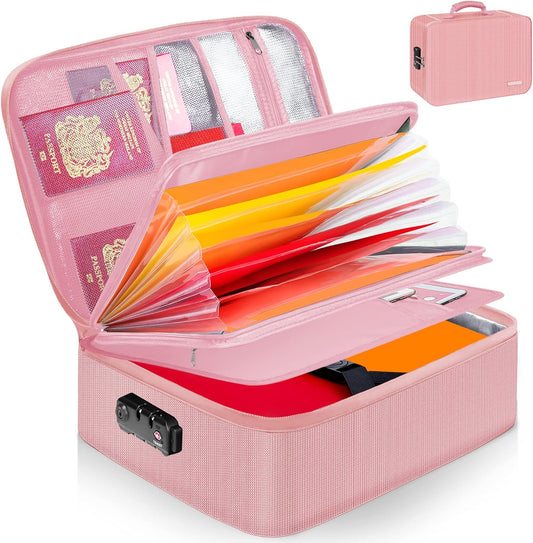 Noiposi Important Document Organizer, Waterproof and Fireproof Document Box with 7 Pockets File Folder,Portable Home Fire Safe Storage Box Case with Lock for Documents,File and Card,Pink