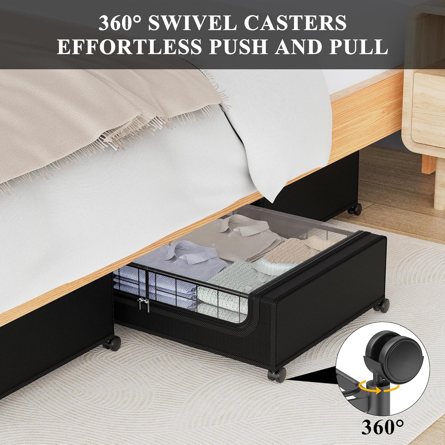 Under Bed Storage with Wheels and Cover, 360° Rolling Under Bed Metal Drawers for Clothes, Blankets, Books and Shoes,Black
