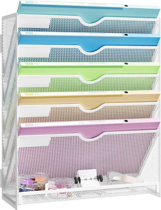 Hanging Wall File Organizer Mesh 6 Tier Wall Mounted Mail Paper Folder Holder Document Organization Stand Desk File Organizer Tray for Office & Home Cubicle Countertop-White