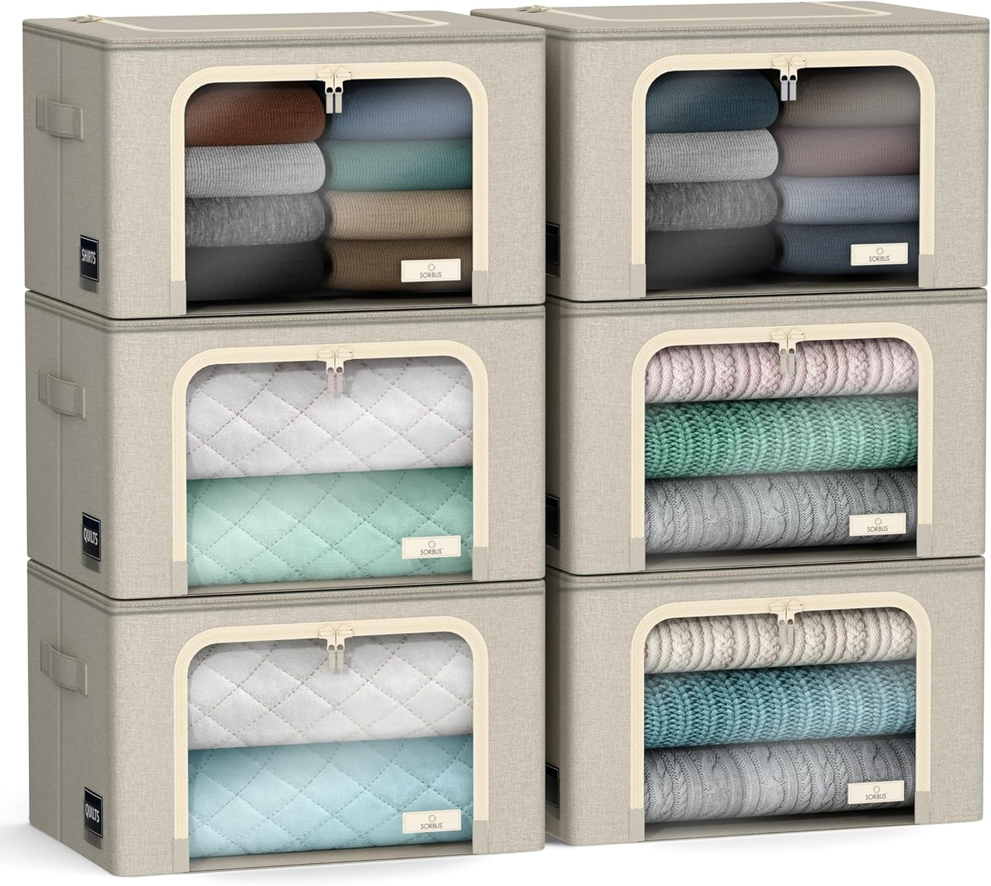 Sorbus Storage Bins with Metal Frame - Stackable & Foldable Clothes Organizer Bags - Oxford Fabric Storage Containers with Large Clear Window & Carry Handles Organization for Bedding Linen & Clothing