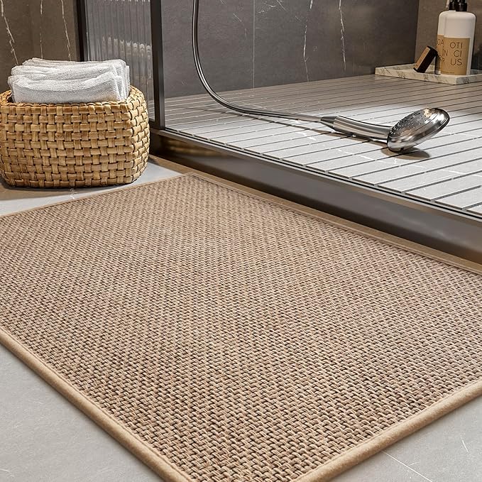 PADOOR Non-Slip Bath Mat With Rubber-Backing, Braided Absorbent Machine Washable Thin Rug, Quick Dry, Fits Under Door, for Bathroom Floor, 20''x32'' Beige