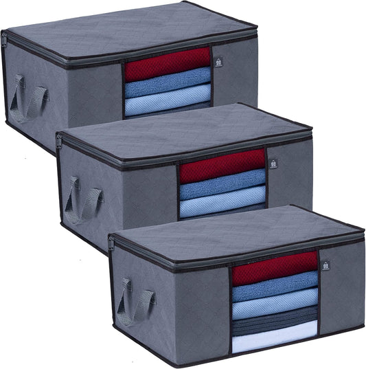 VENO 3 Pack Large Clothes Storage Bag Organizer with Reinforced Handle Thick Fabric for Comforters, Blankets, Bedding, Foldable with Sturdy Zipper, Clear Window, Grey, Reusable (13.3 Gallon)