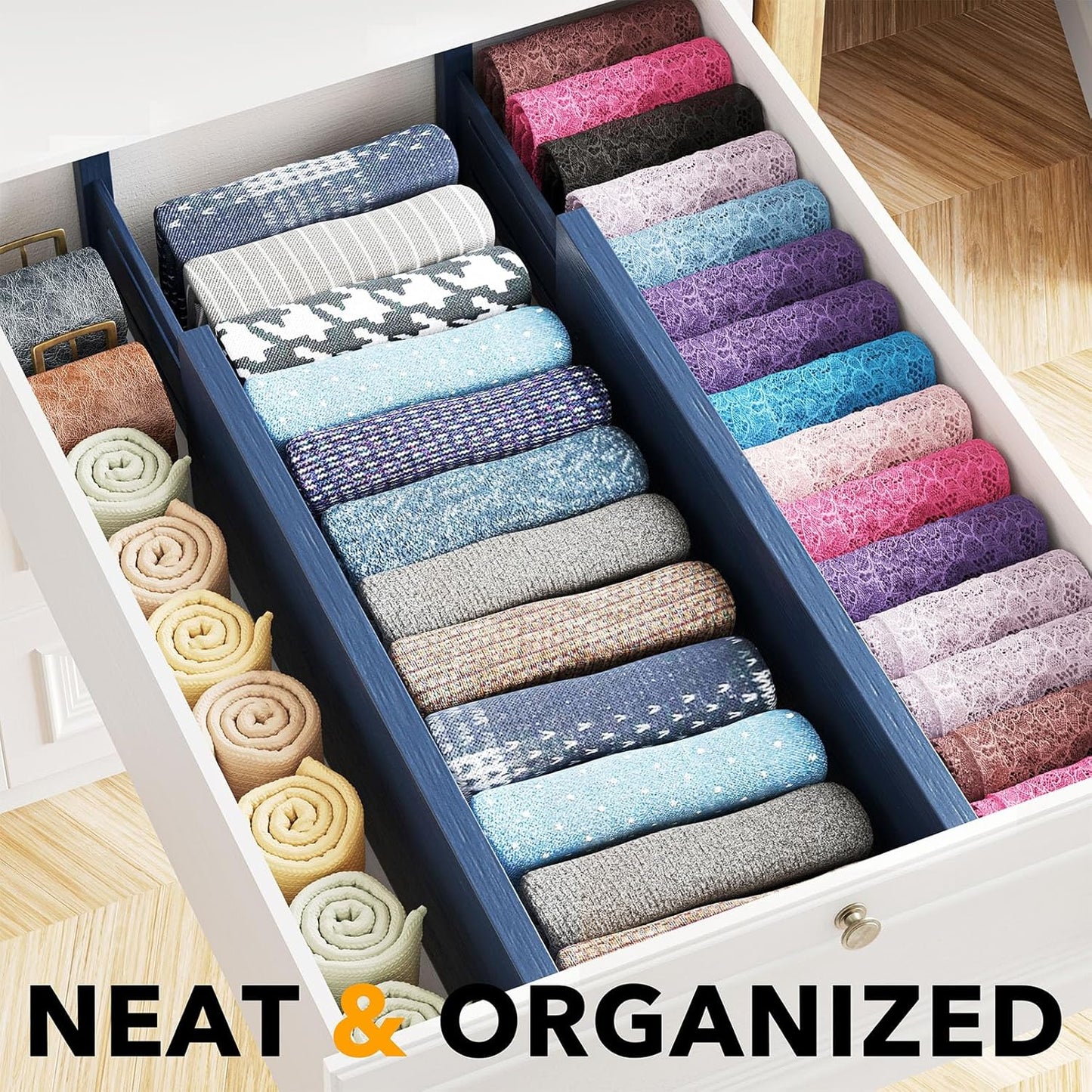 SpaceAid Bamboo 4 Pack Dresser Drawer Dividers, 4.65“ High Adjustable 17“-22” Drawer Organizers, Expandable Organization for Clothing, Clothes, Dressers, Navy Blue